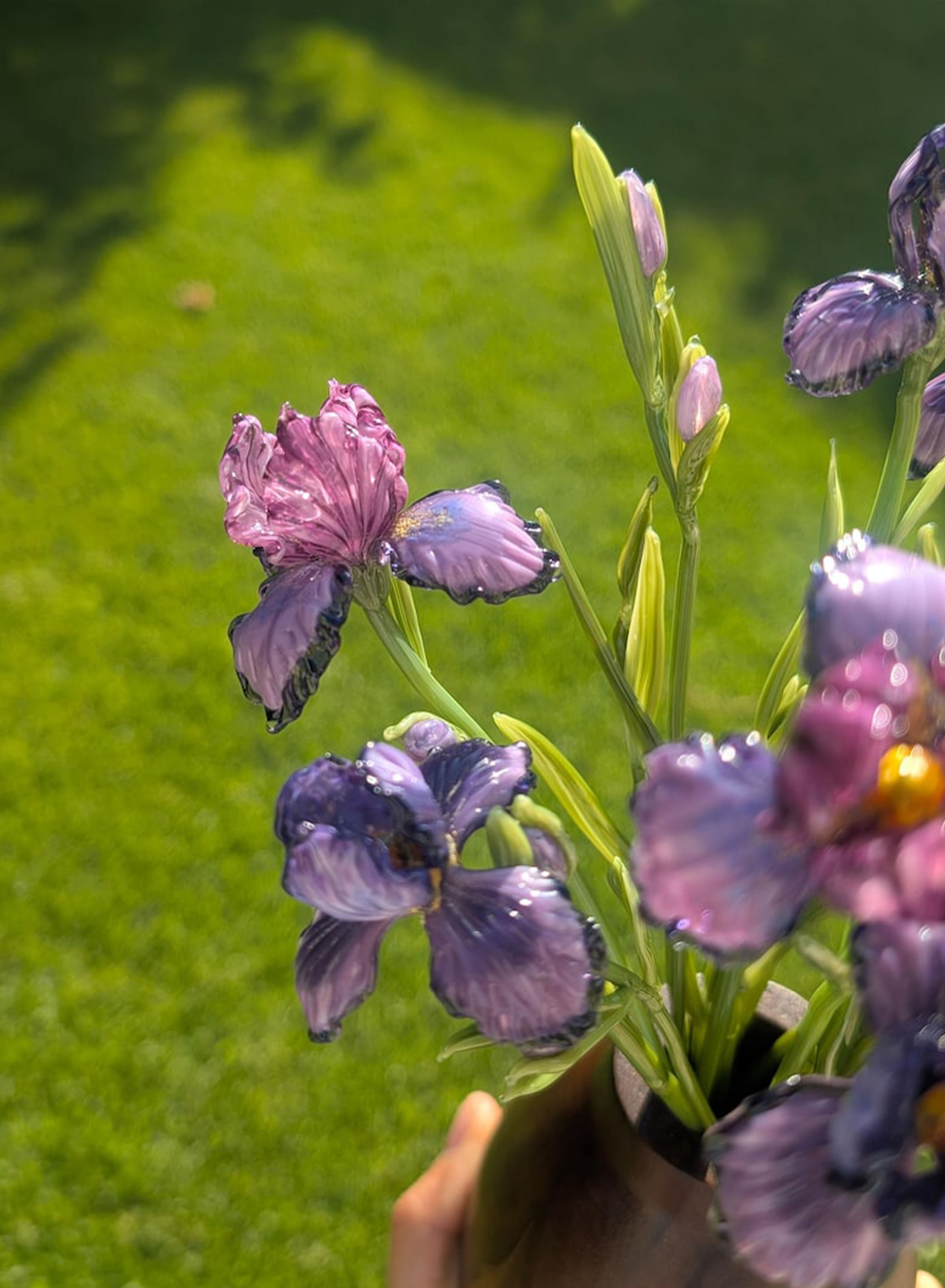 Violet Glass Iris Flower Stem, Art Glass Vase Floral Sculpture Decor