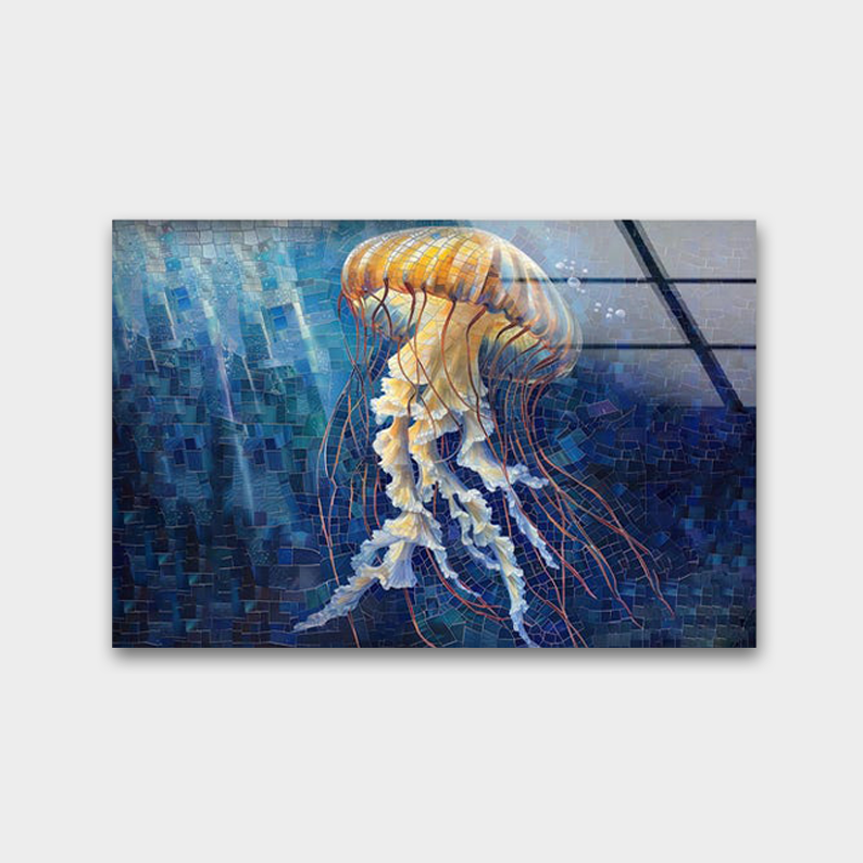 Jellyfish Ocean Blue Glass Wall Art – Golden Glow Marine