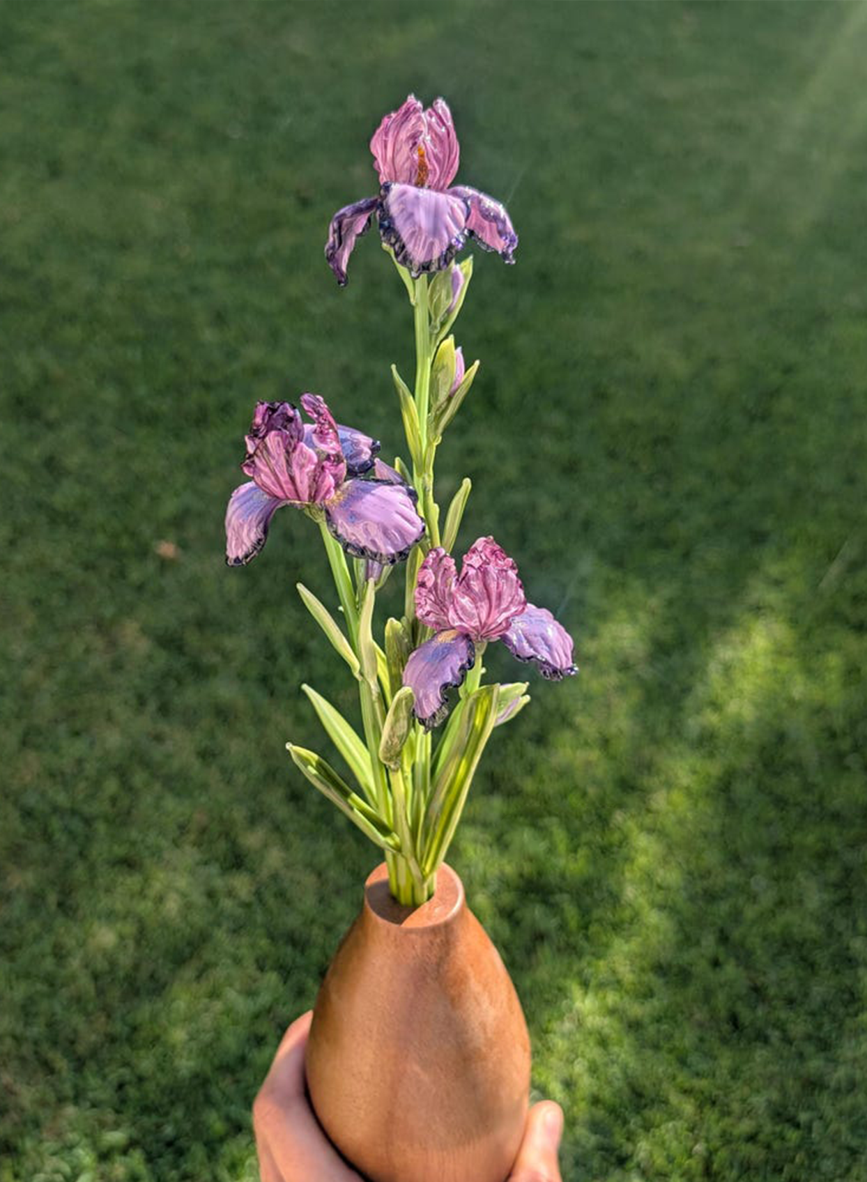 Violet Glass Iris Flower Stem, Art Glass Vase Floral Sculpture Decor