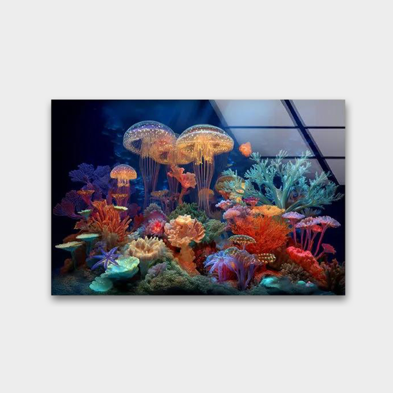 Jellyfish Coral Reef Glass Wall Art – Vibrant Ocean Decor