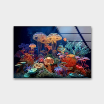 Jellyfish Coral Reef Glass Wall Art – Vibrant Ocean Decor