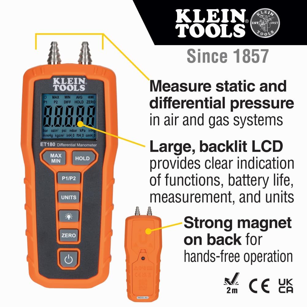 Klein Tools ET180 Digital Manometer Air and Gas Pressure Tester