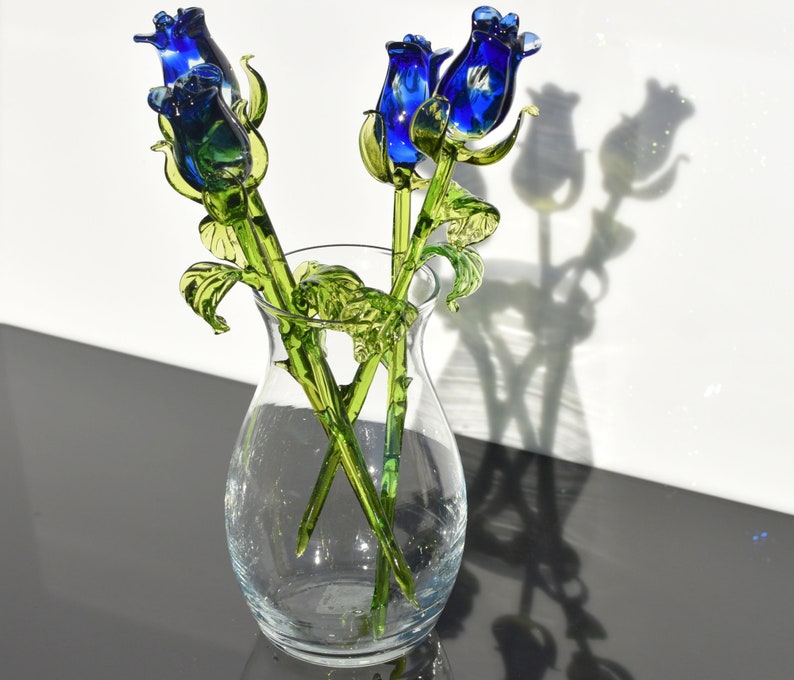 Glass Rose, Blue Glass Flowers Bouquet, Blown Glass Floral Decor