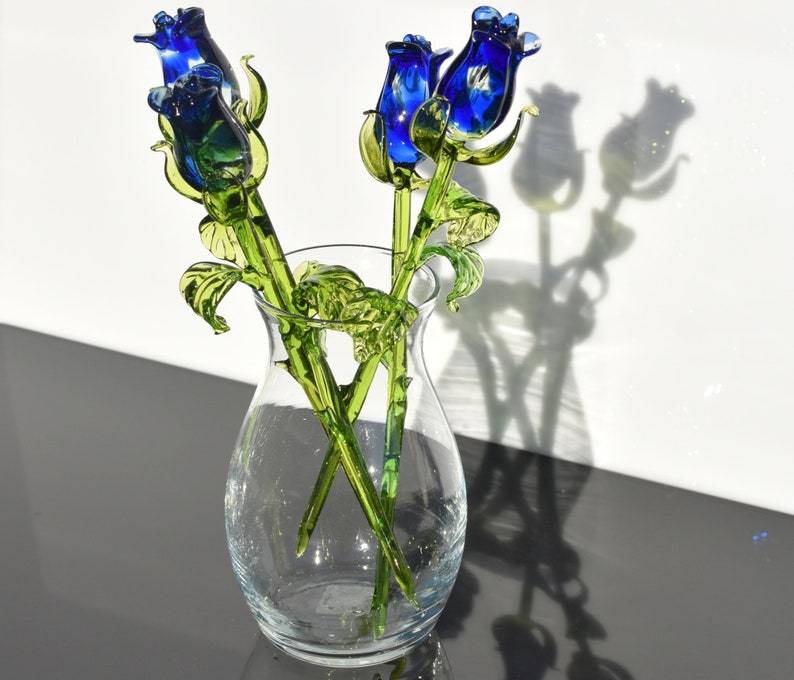 Glass Rose, Blue Glass Flowers Bouquet, Blown Glass Floral Decor