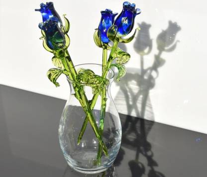 Glass Rose, Blue Glass Flowers Bouquet, Blown Glass Floral Decor