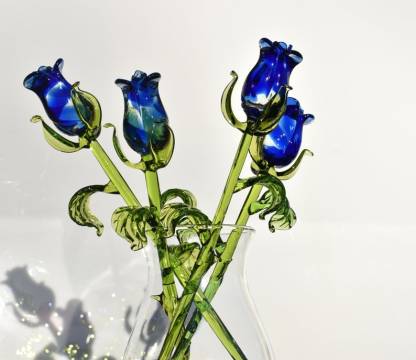 Glass Rose, Blue Glass Flowers Bouquet, Blown Glass Floral Decor