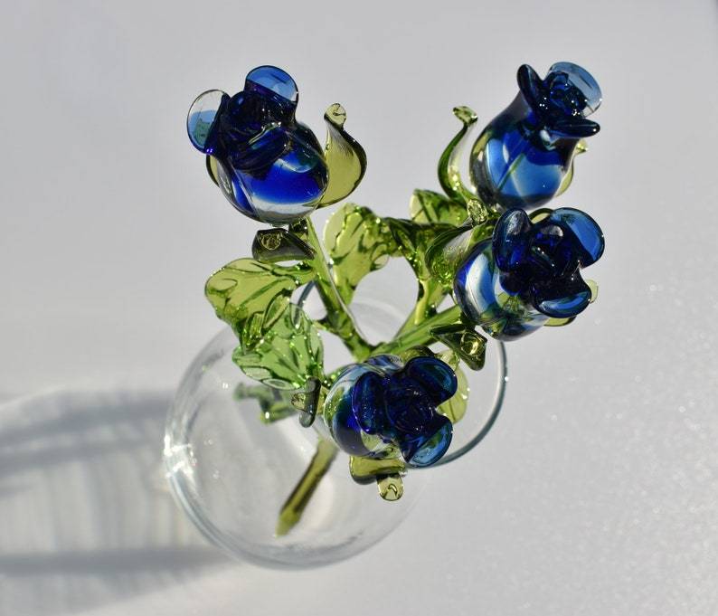 Glass Rose, Blue Glass Flowers Bouquet, Blown Glass Floral Decor