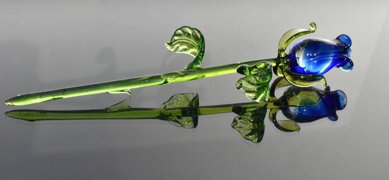 Glass Rose, Blue Glass Flowers Bouquet, Blown Glass Floral Decor