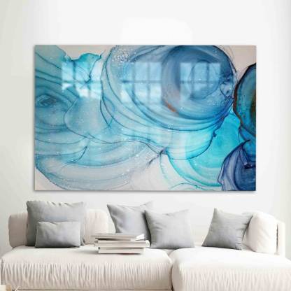 Alcohol Ink Glass Wall Art – Modern Blue Marble Design