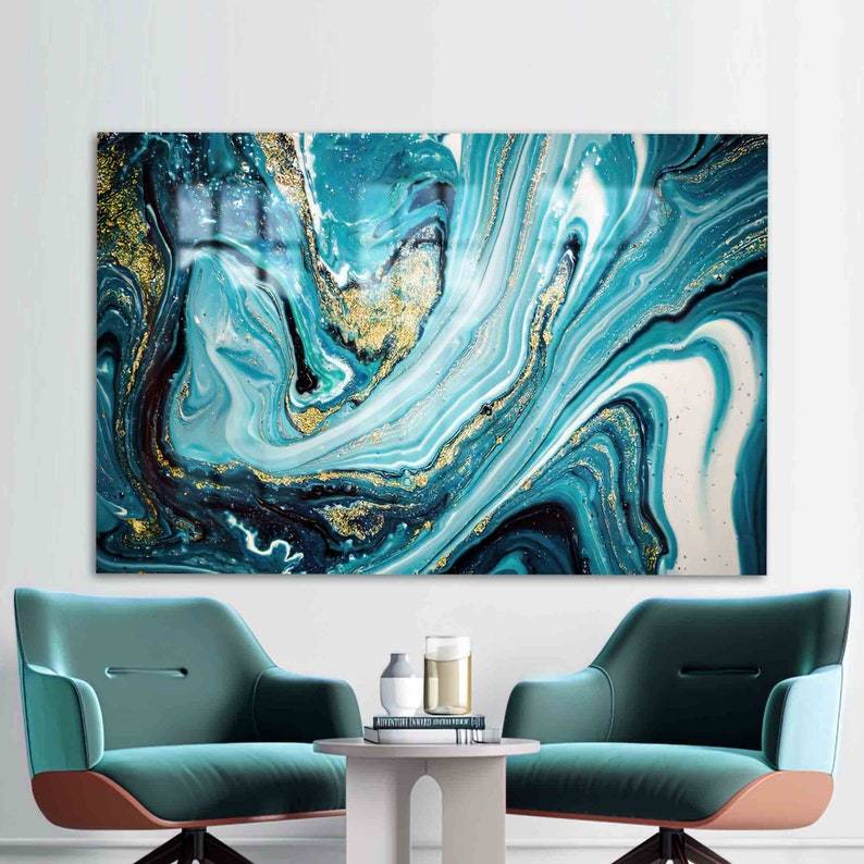 Abstract Marble Glass Wall Art – Gold and Blue Decor