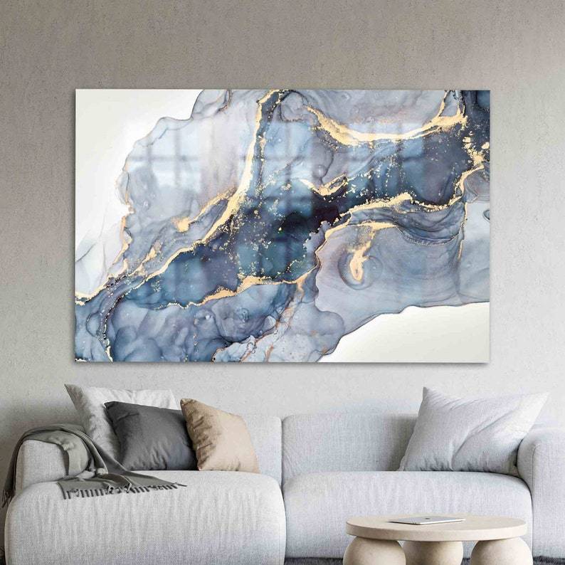 Modern Marble Glass Wall Art – Blue Cream Yellow Design