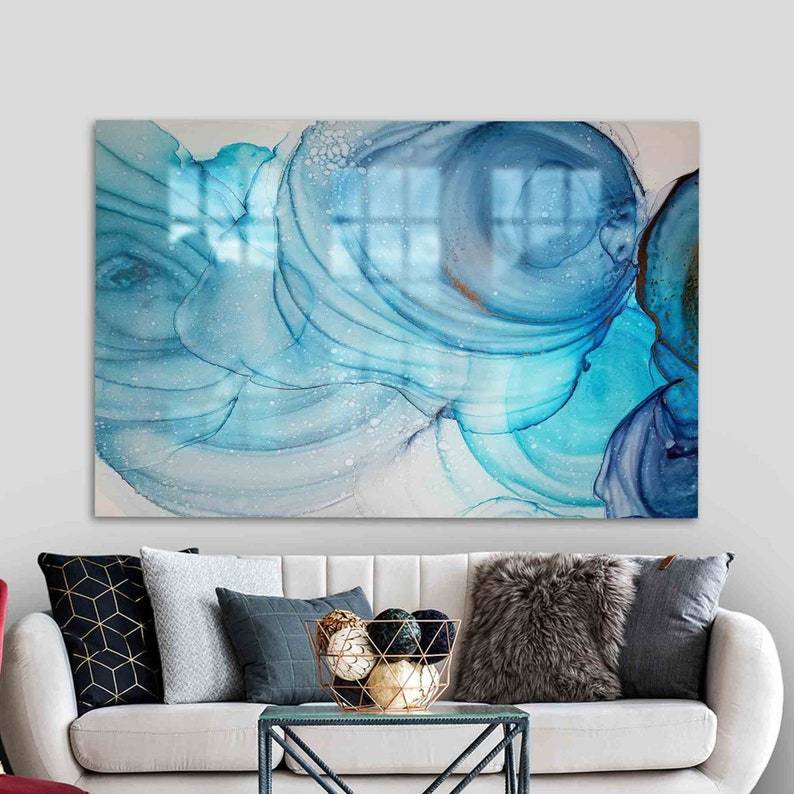 Alcohol Ink Glass Wall Art – Modern Blue Marble Design