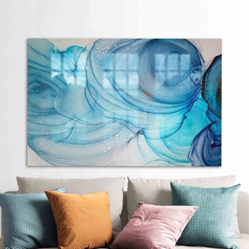 Alcohol Ink Glass Wall Art – Modern Blue Marble Design