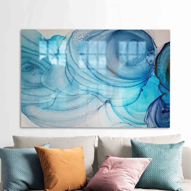 Alcohol Ink Glass Wall Art – Modern Blue Marble Design