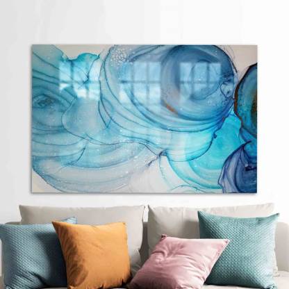 Alcohol Ink Glass Wall Art – Modern Blue Marble Design