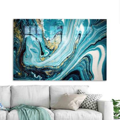 Abstract Marble Glass Wall Art – Gold and Blue Decor
