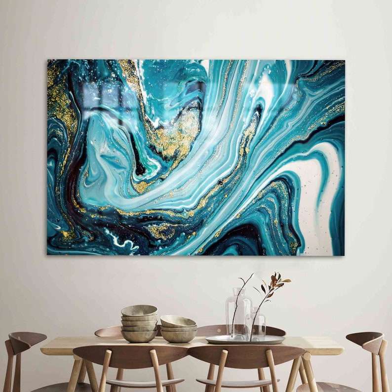 Abstract Marble Glass Wall Art – Gold and Blue Decor