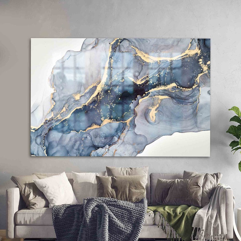 Modern Marble Glass Wall Art – Blue Cream Yellow Design
