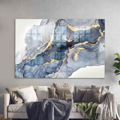 Modern Marble Glass Wall Art – Blue Cream Yellow Design