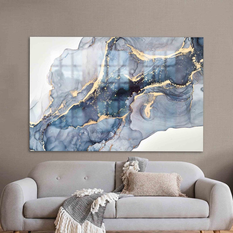 Modern Marble Glass Wall Art – Blue Cream Yellow Design