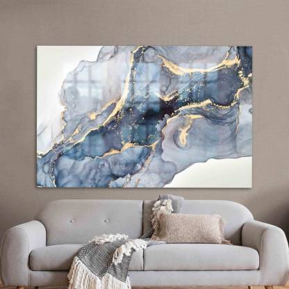 Modern Marble Glass Wall Art – Blue Cream Yellow Design