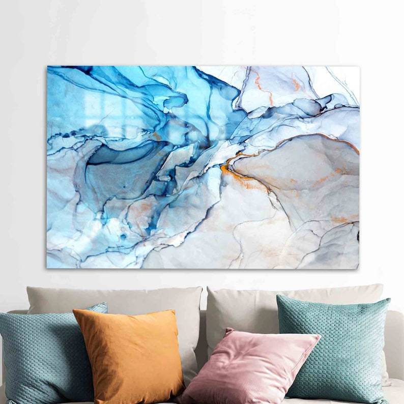 Gold and Blue Glass Wall Art – Contemporary Ink Design