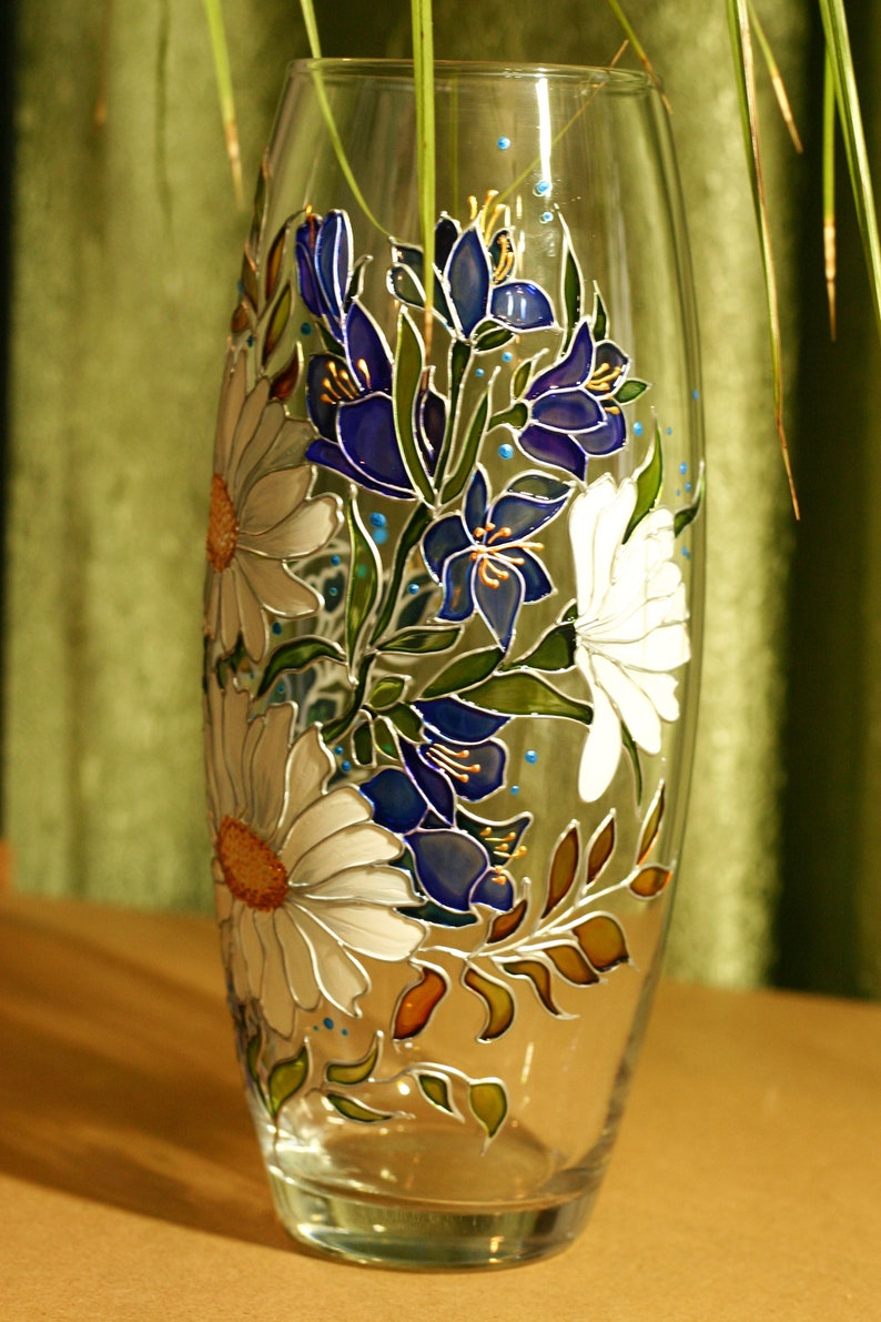 Vase with bells and daisies Stained glass hand painted vase Wildflowers handpainted personalized glass vase Original mother day gift