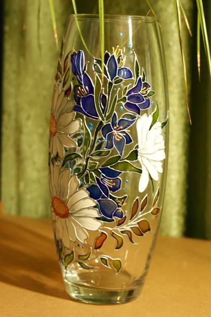 Vase with bells and daisies Stained glass hand painted vase Wildflowers handpainted personalized glass vase Original mother day gift