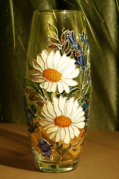 Vase with bells and daisies Stained glass hand painted vase Wildflowers handpainted personalized glass vase Original mother day gift