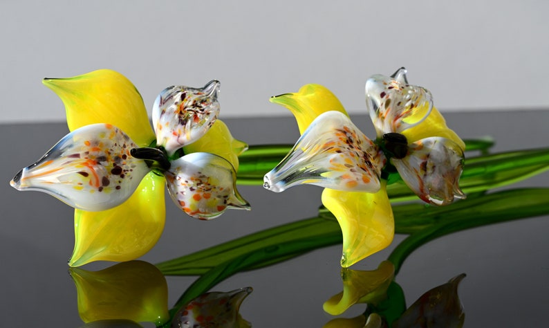 Blown Glass Yellow Orchid Flower, Valentines Day Floral Gift Decor