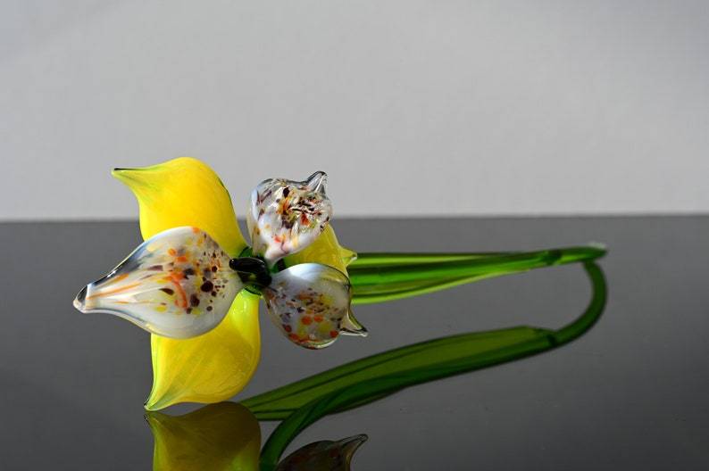 Blown Glass Yellow Orchid Flower, Valentines Day Floral Gift Decor