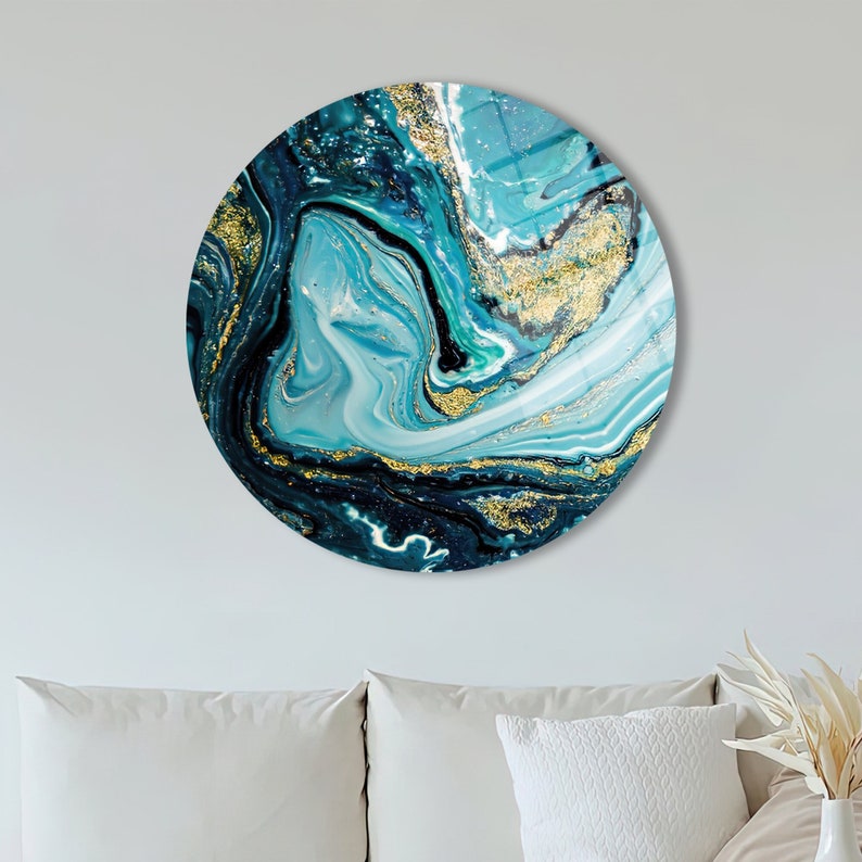 Abstract Marble Glass Wall Art – Gold and Blue Decor