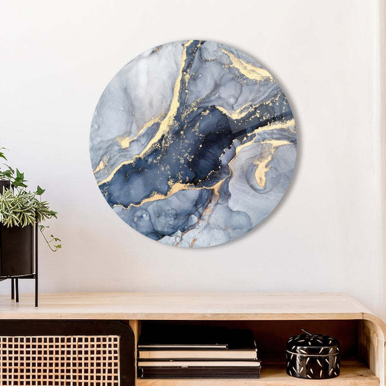Modern Marble Glass Wall Art – Blue Cream Yellow Design