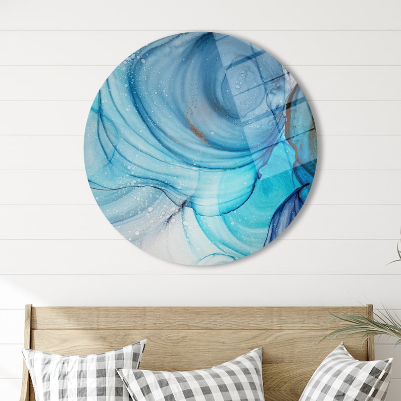 Alcohol Ink Glass Wall Art – Modern Blue Marble Design