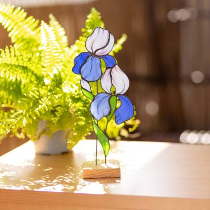 Iris Stained Glass Tabletop Accent with Wooden Stand, Desk Bloom Decor