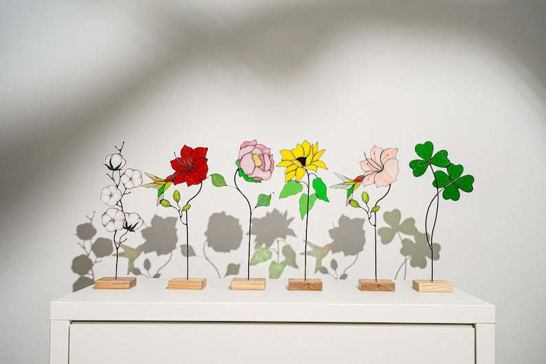 Stained Glass Iris Flower Ornament, Floral Tabletop Christmas Decor