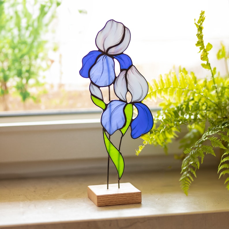 Iris Stained Glass Tabletop Accent with Wooden Stand, Desk Bloom Decor