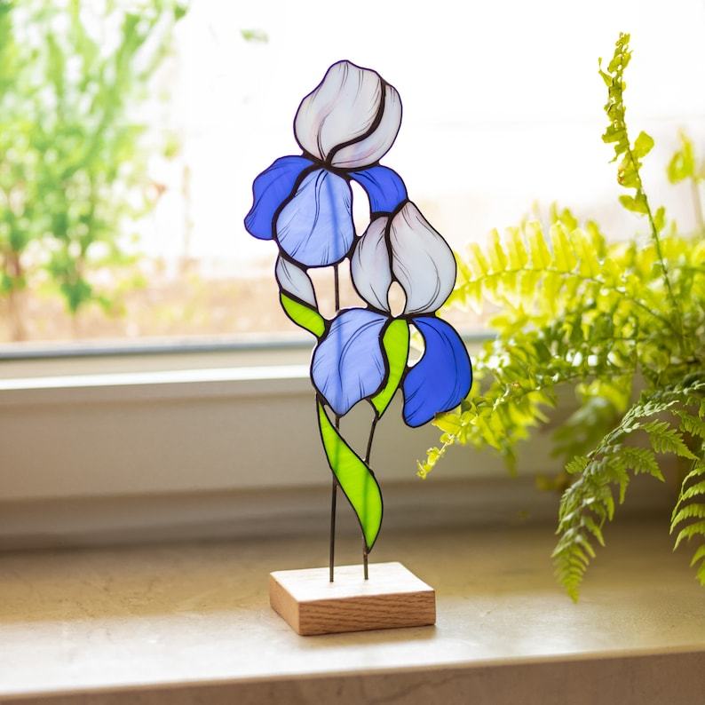 Iris Stained Glass Tabletop Accent with Wooden Stand, Desk Bloom Decor