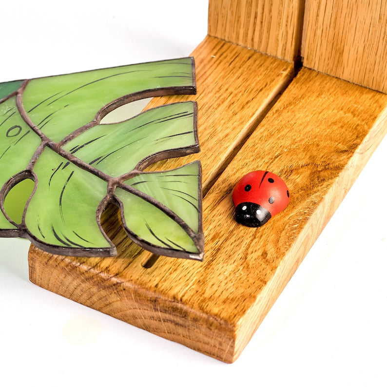 Monstera Stained Glass Bookends, Unique Library Shelf Organization