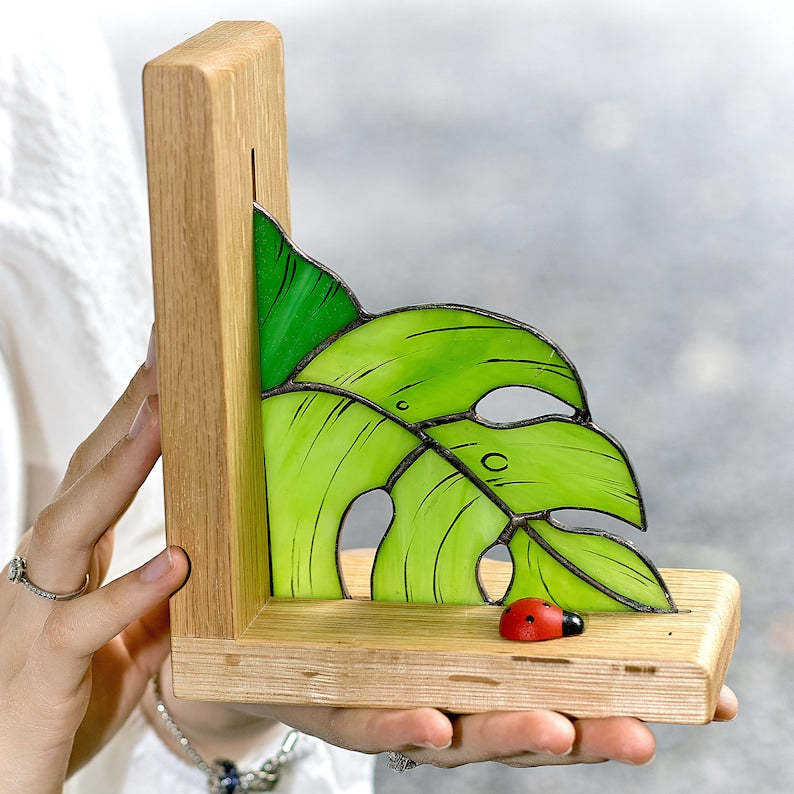 Monstera Stained Glass Bookends, Unique Library Shelf Organization