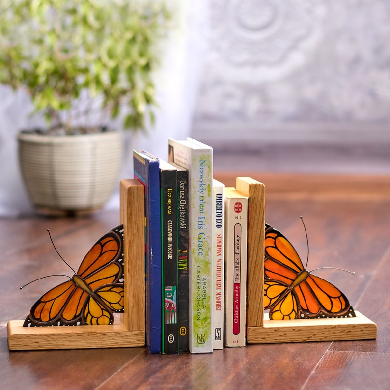 Monarch butterfly Stained Glass Bookends Library Book shelf Decor