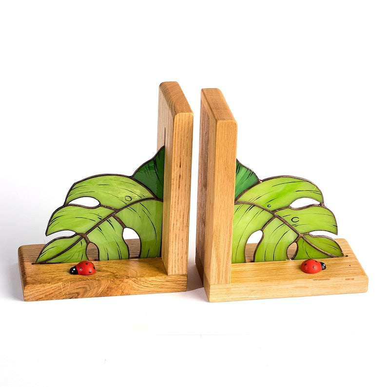 Monstera Stained Glass Bookends, Unique Library Shelf Organization