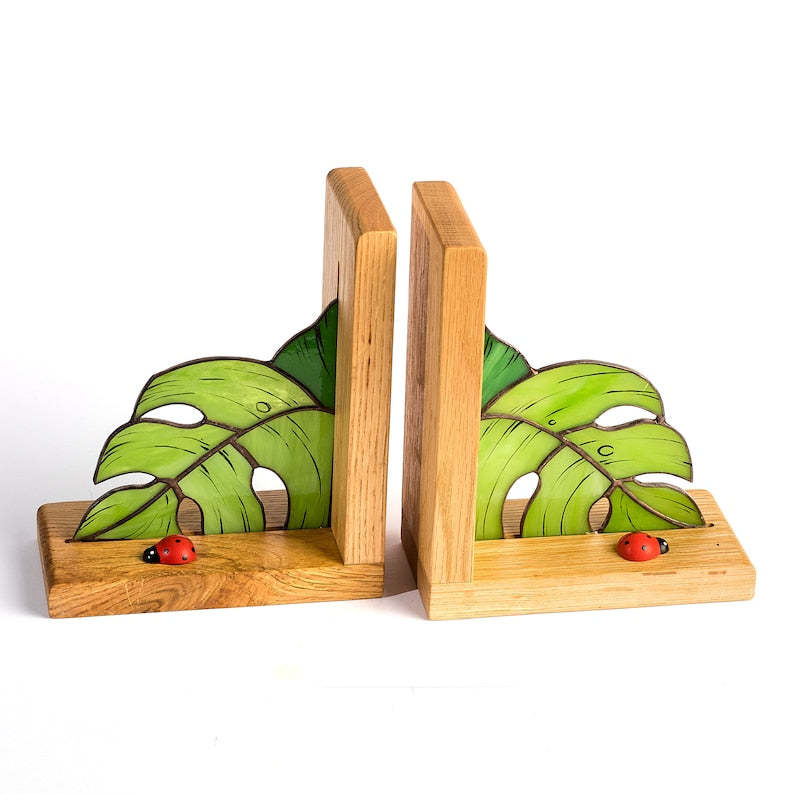 Monstera Stained Glass Bookends, Unique Library Shelf Organization