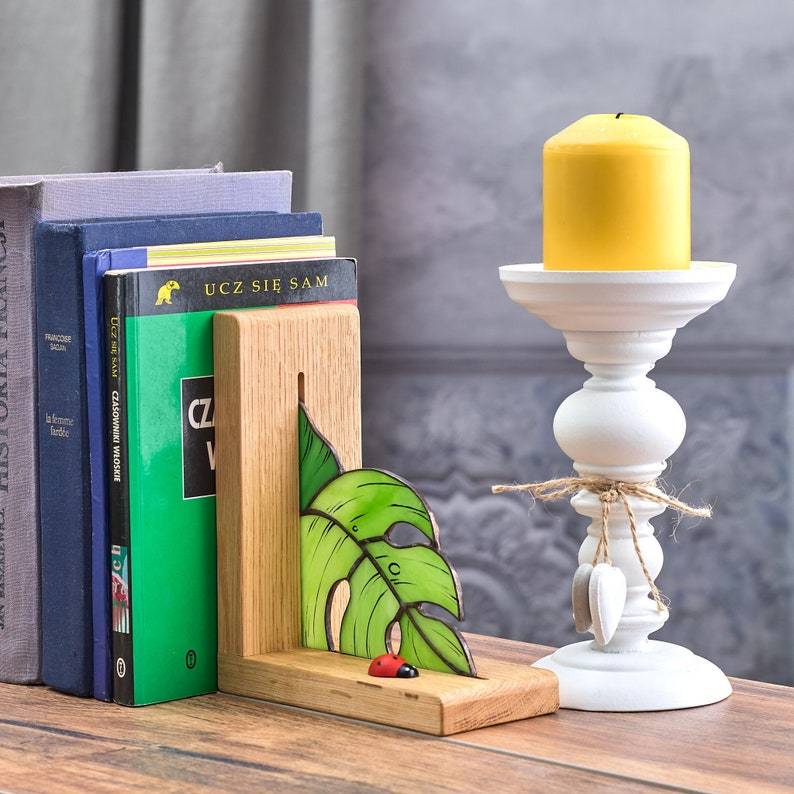 Monstera Stained Glass Bookends, Unique Library Shelf Organization