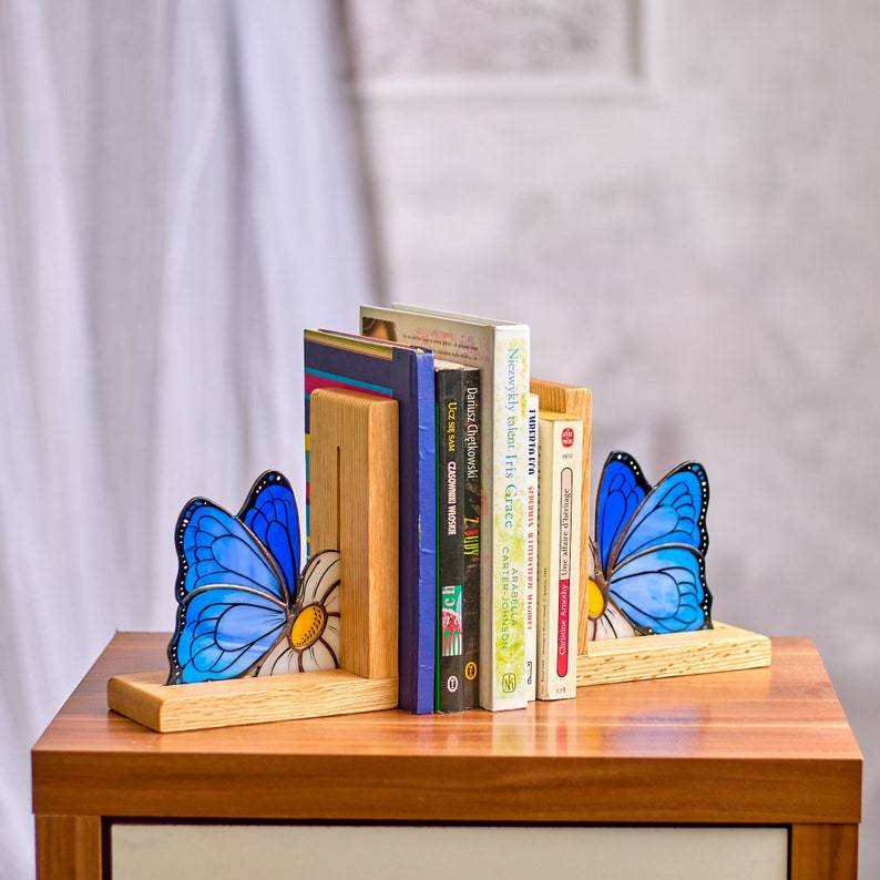 Butterflies Stained Glass Bookends, Library Shelf Decor