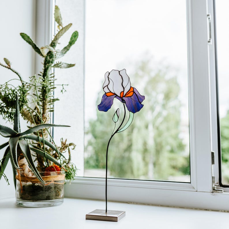 Stained Glass Iris Flower Ornament, Floral Tabletop Christmas Decor