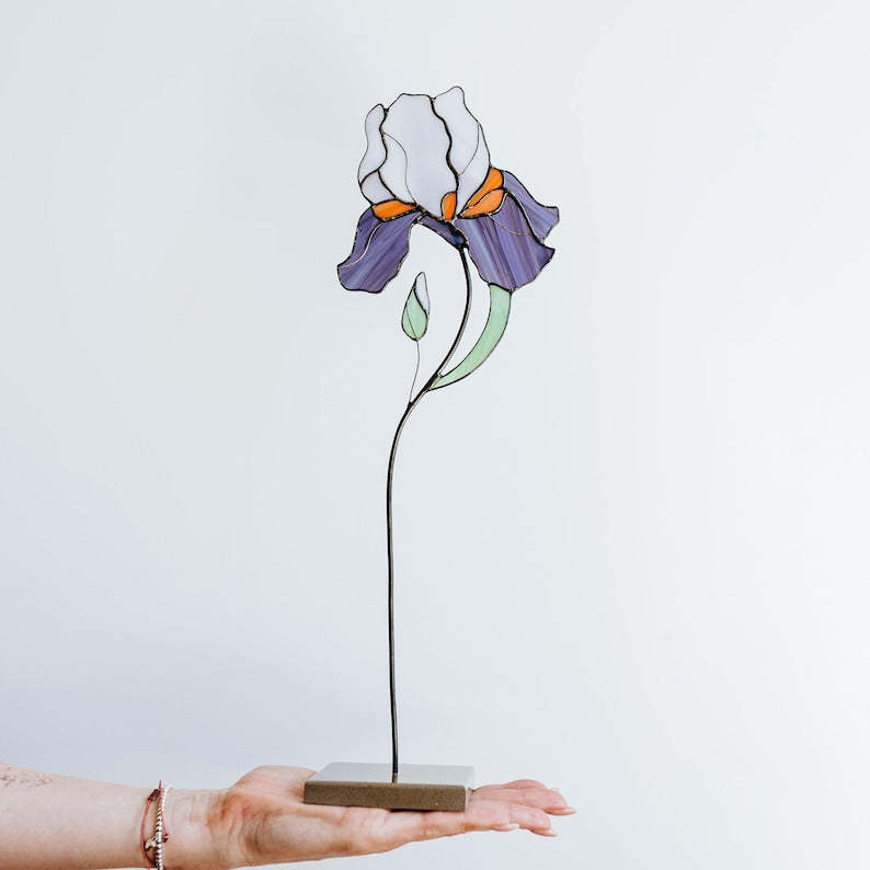 Stained Glass Iris Flower Ornament, Floral Tabletop Christmas Decor