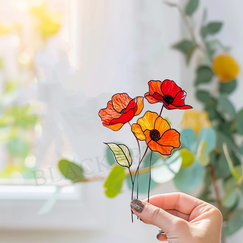 Poppy Flower Set of 3 Stained Glass Pattern, Modern Suncatcher Decor