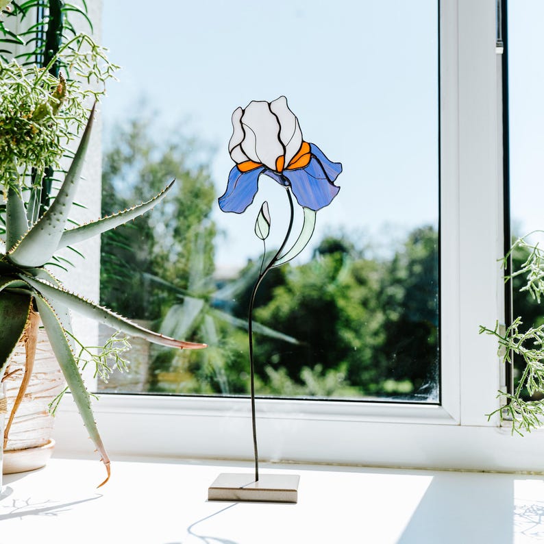 Stained Glass Iris Flower Ornament, Floral Tabletop Christmas Decor