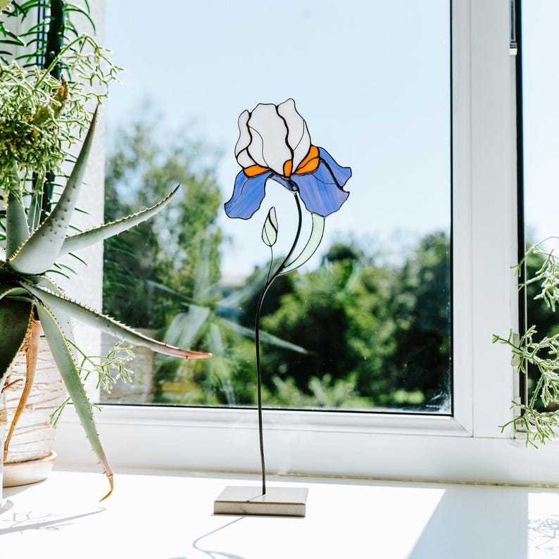 Stained Glass Iris Flower Ornament, Floral Tabletop Christmas Decor